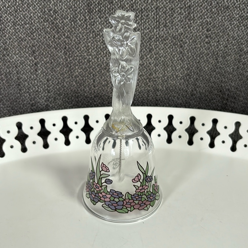 Avon 1992 24% lead crystal clear bell with pink and purple floral motif